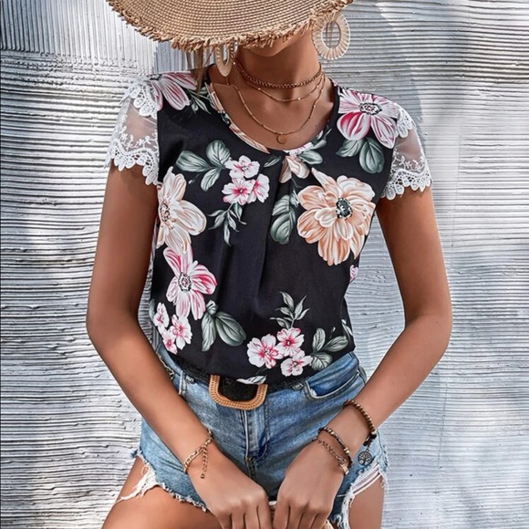 Boho floral print lace trim  blouse - Picture 1 of 6